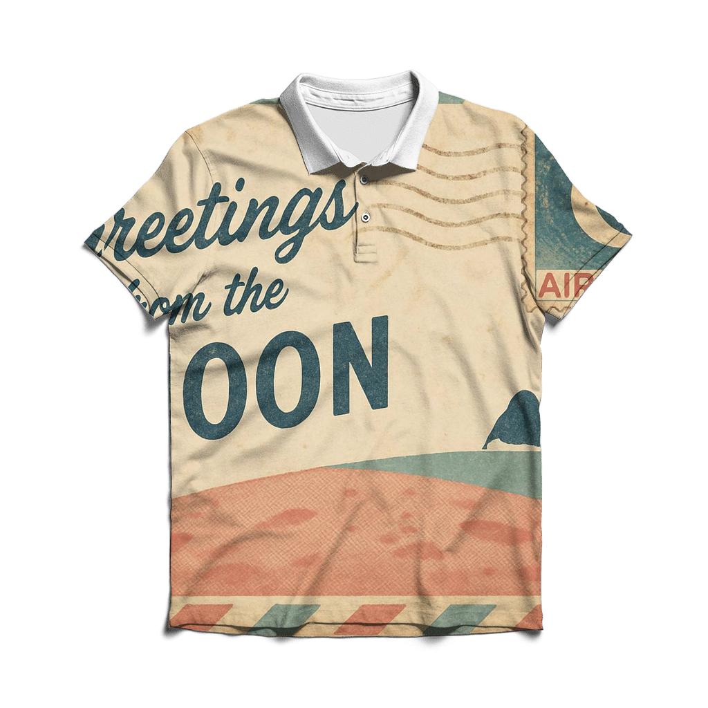 Retro Air Mail Postcard From The Moon premium cotton polo shirts