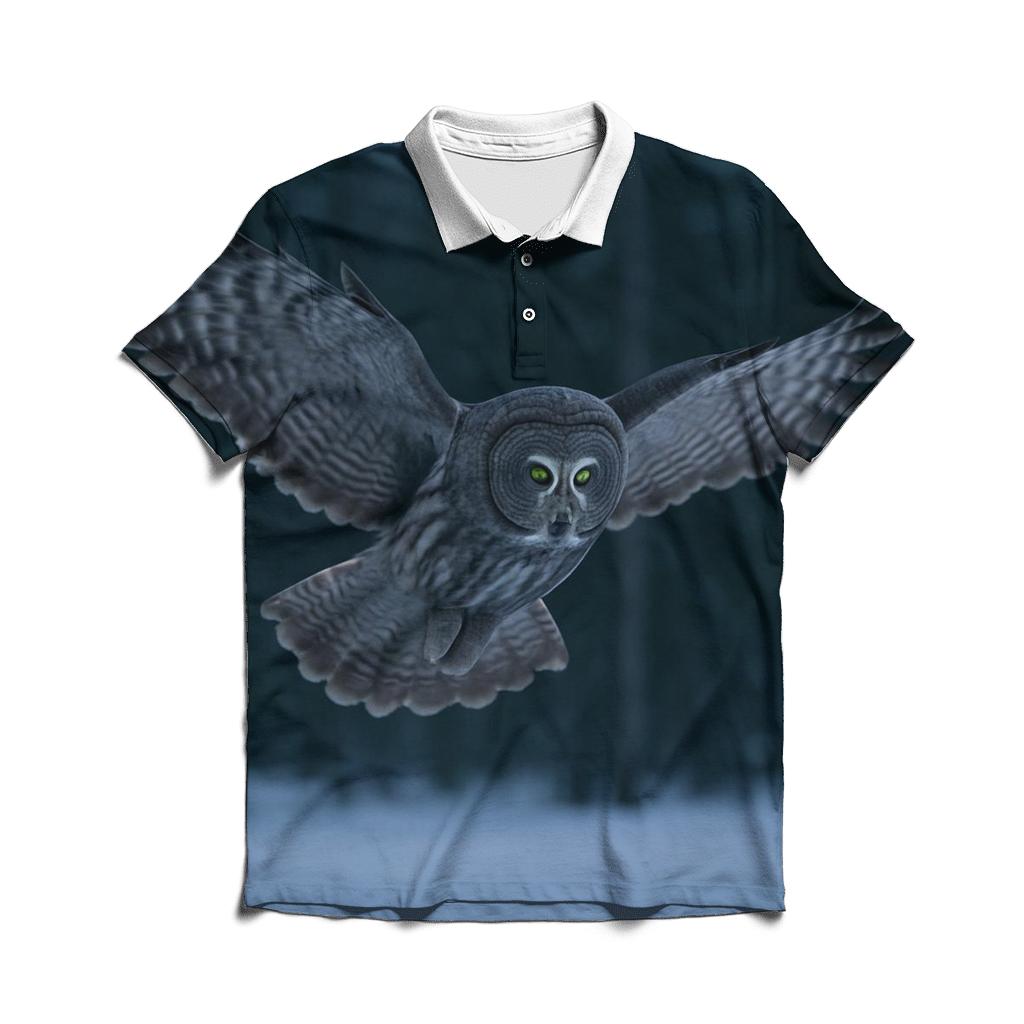 Boreal Stillness Great Gray Owl designer slim fit polos