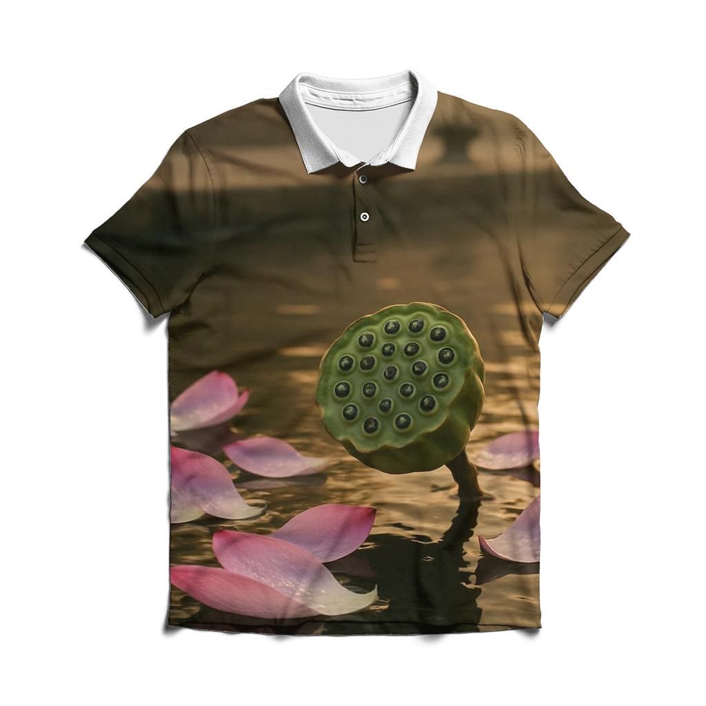 Lotus Seed Pod And Petals In Temple Pond Stillness premium cotton polo shirts