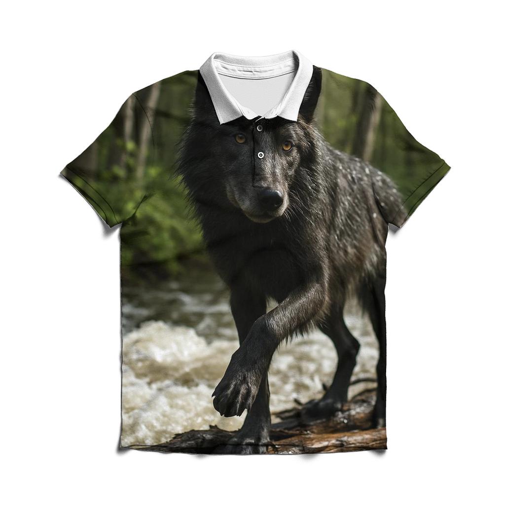 Riparian Wolf Listening Over Spring Floodwater designer slim fit polos