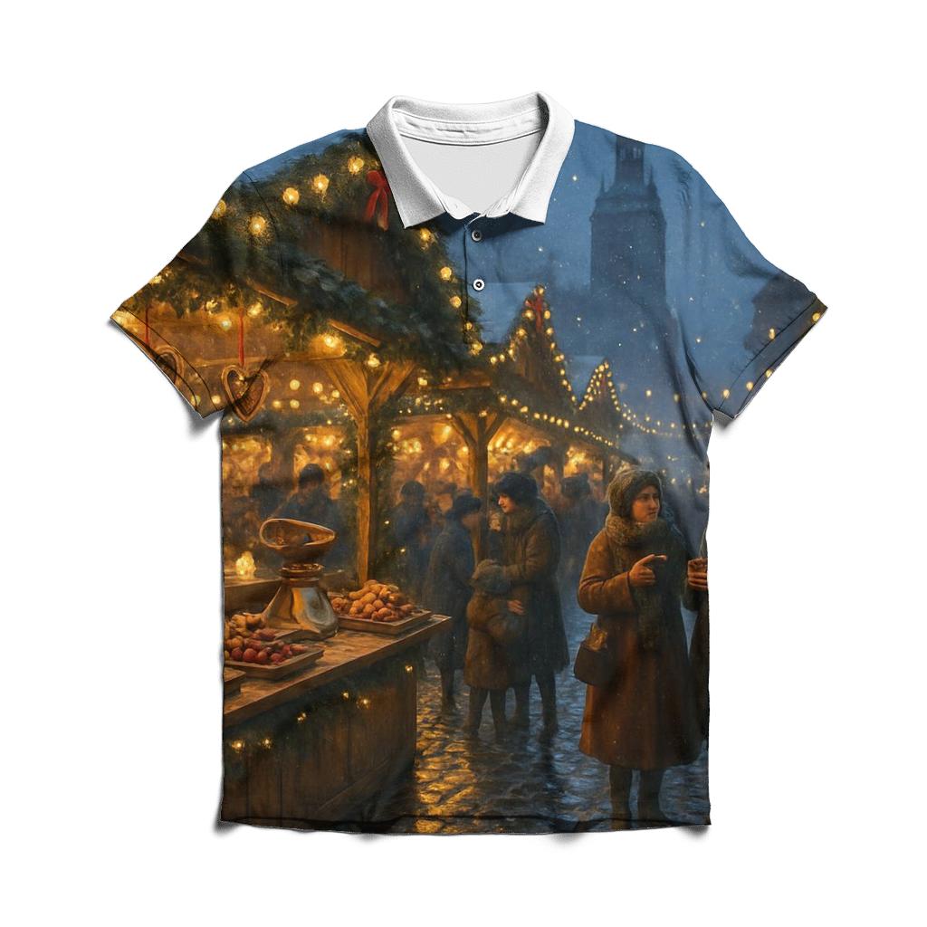 Christmas Market Under Lantern Snow premium cotton polo shirts