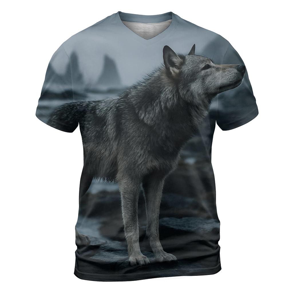 Basalt Coast Wolf Under Sea Mist artistic all-over print tops
