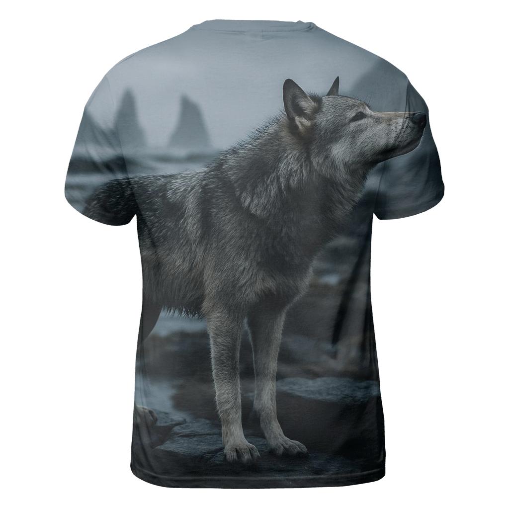 Basalt Coast Wolf Under Sea Mist artistic all-over print tops