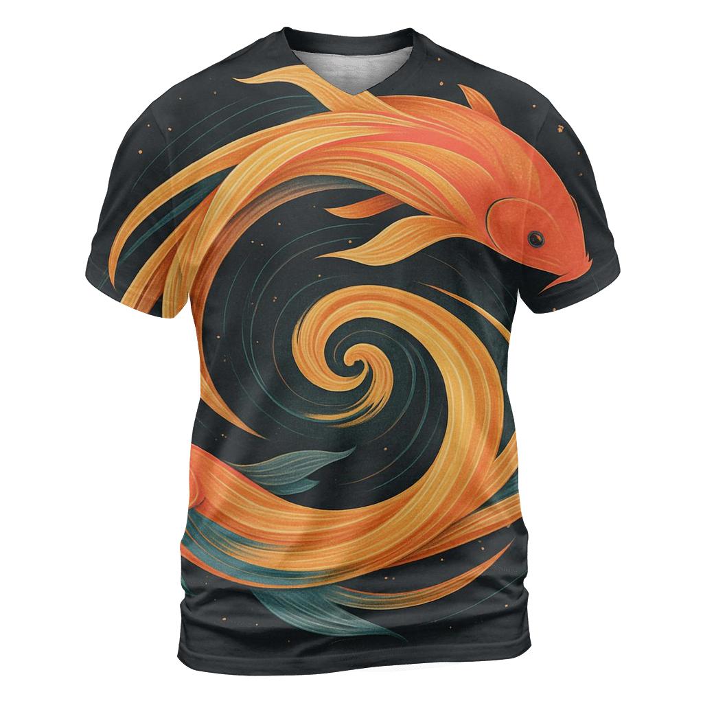 Solar Wind Koi Spiral vibrant all-over design tees