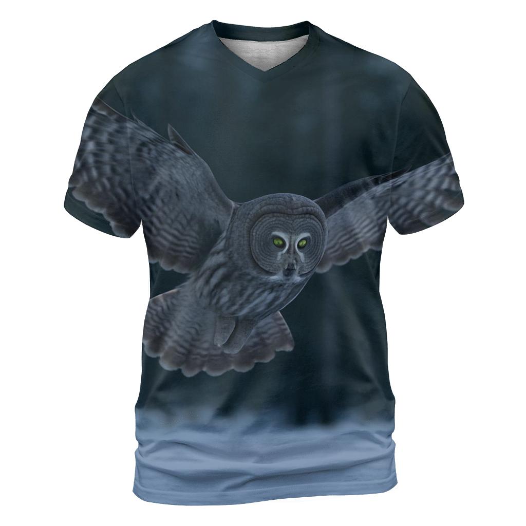 Boreal Stillness Great Gray Owl vibrant all-over design tees