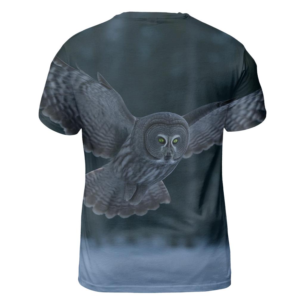 Boreal Stillness Great Gray Owl vibrant all-over design tees