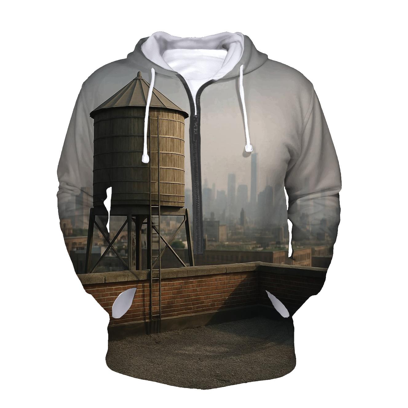 Harlem Rooftop Water Tower Over Downtown Haze graphic hoodies
