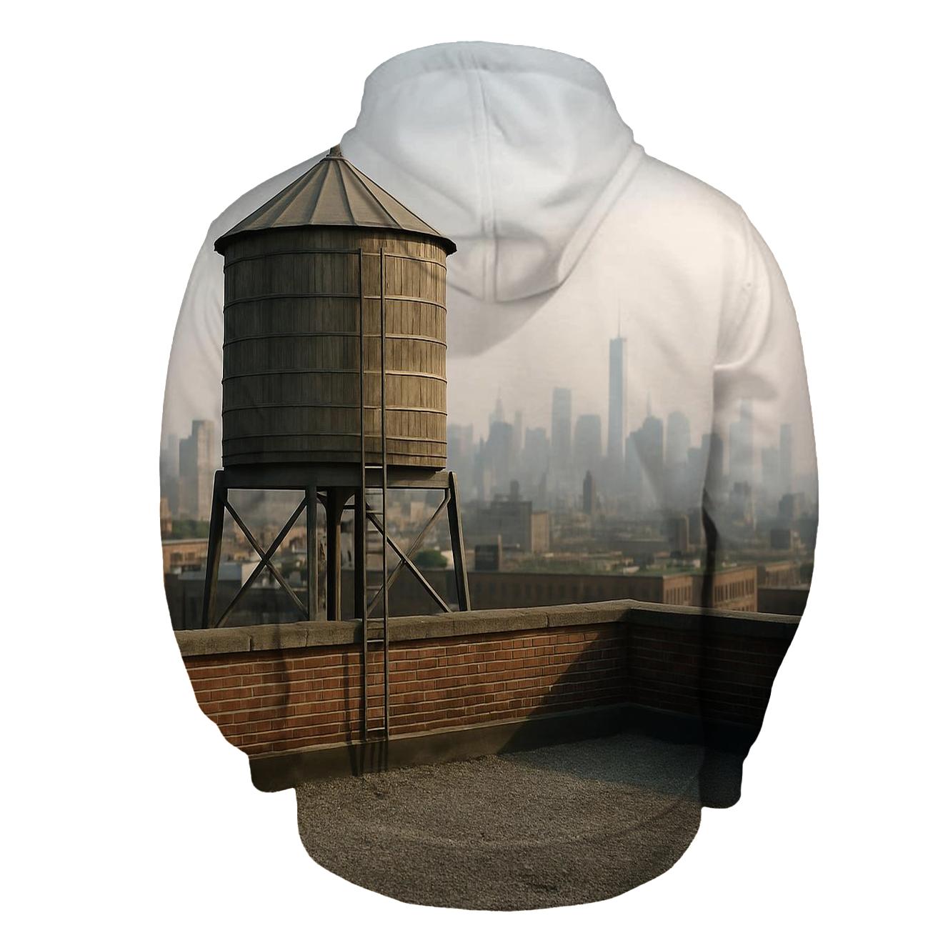 Harlem Rooftop Water Tower Over Downtown Haze graphic hoodies