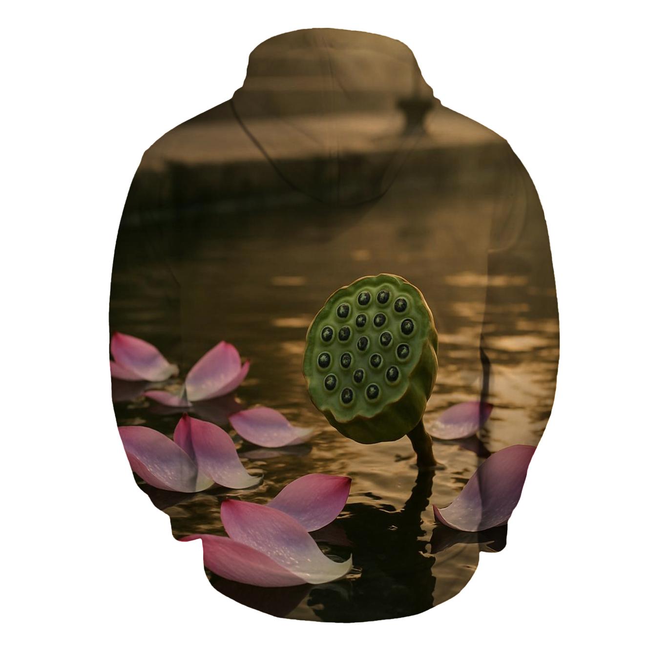 Lotus Seed Pod And Petals In Temple Pond Stillness custom hoodies