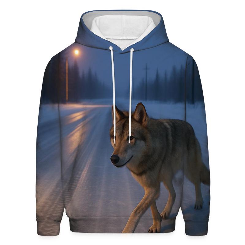 Taiga Wolf Crossing A Winter Ice Road graphic hoodies