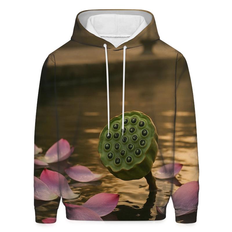 Lotus Seed Pod And Petals In Temple Pond Stillness hoodie designs