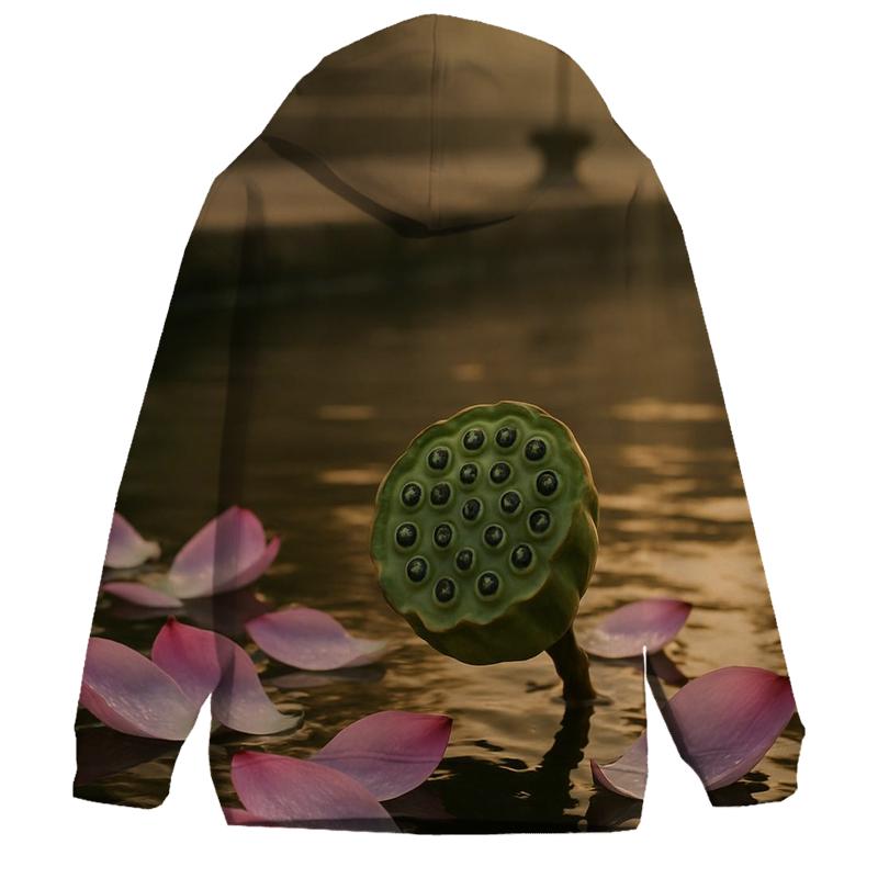 Lotus Seed Pod And Petals In Temple Pond Stillness hoodie designs