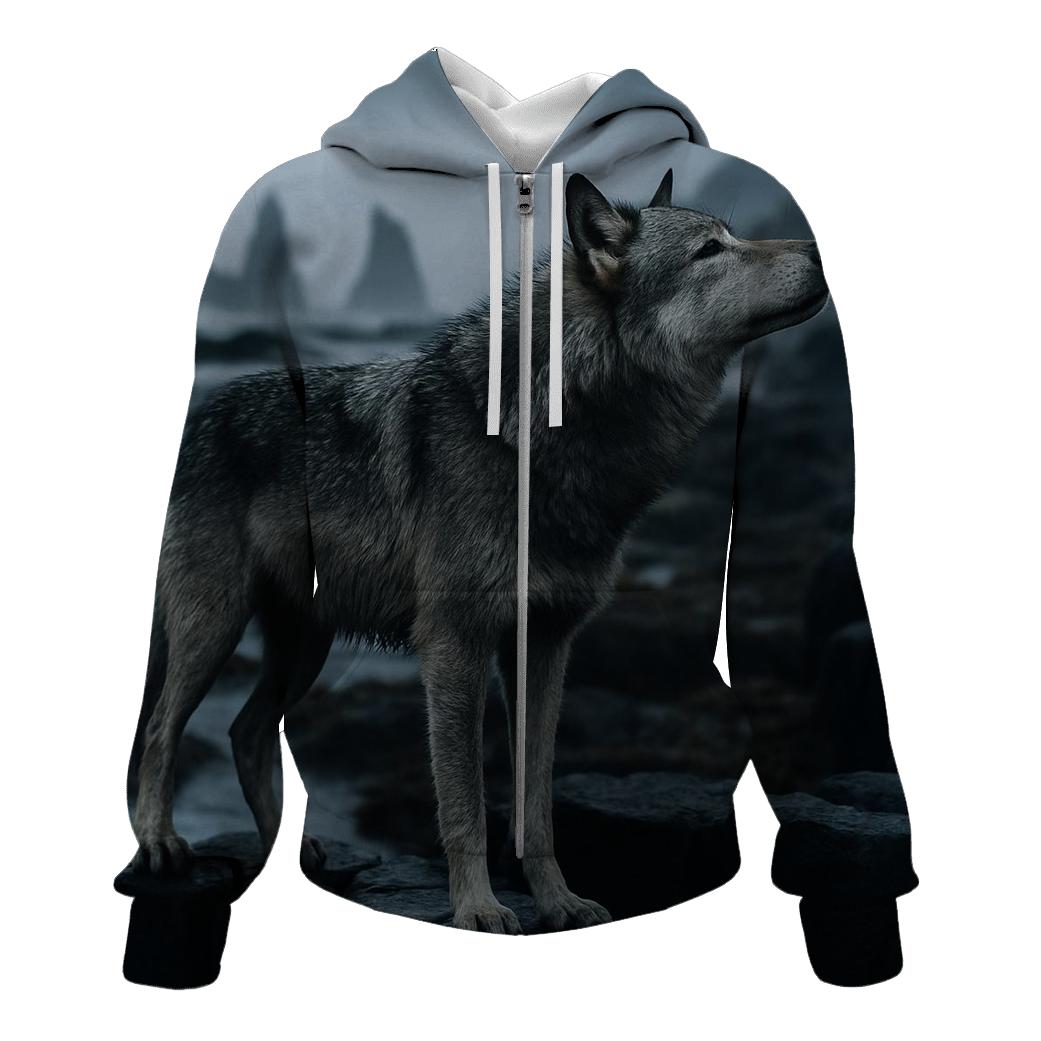 Basalt Coast Wolf Under Sea Mist printed hoodies