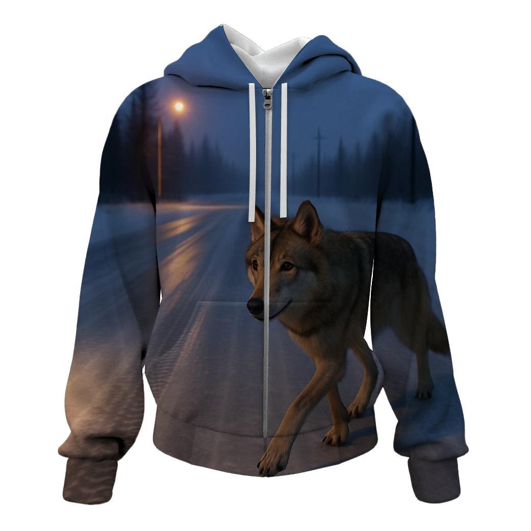 Taiga Wolf Crossing A Winter Ice Road embroidered hoodies