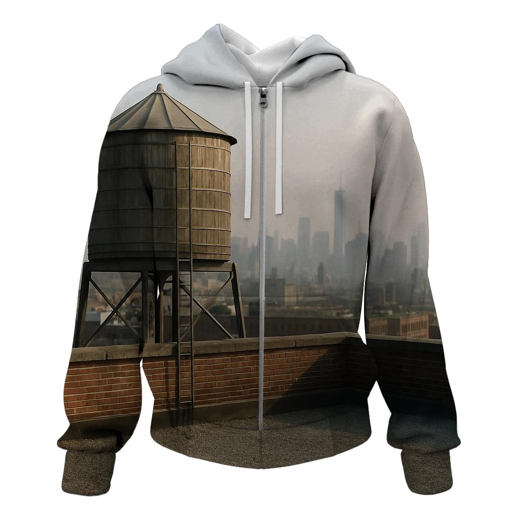 Harlem Rooftop Water Tower Over Downtown Haze embroidered hoodies