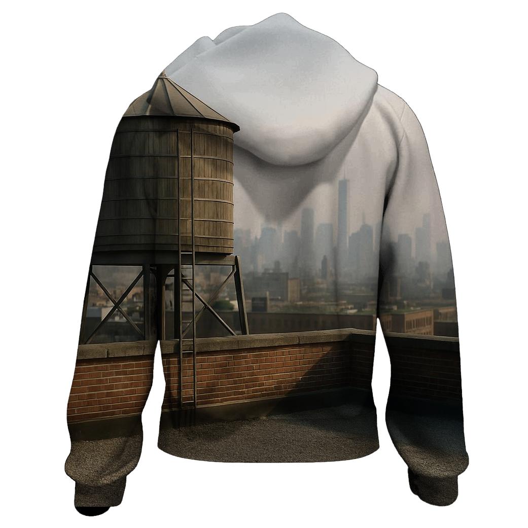 Harlem Rooftop Water Tower Over Downtown Haze embroidered hoodies