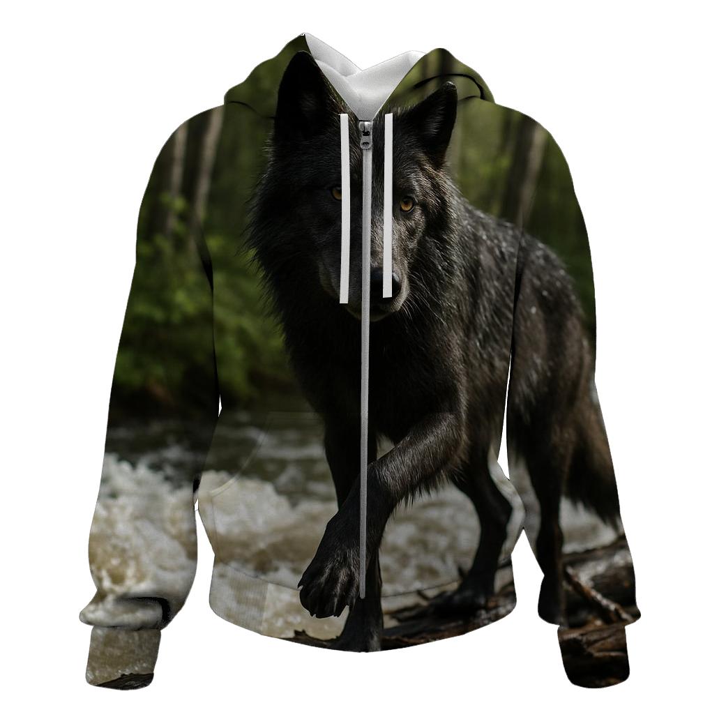 Riparian Wolf Listening Over Spring Floodwater zip-up hoodies