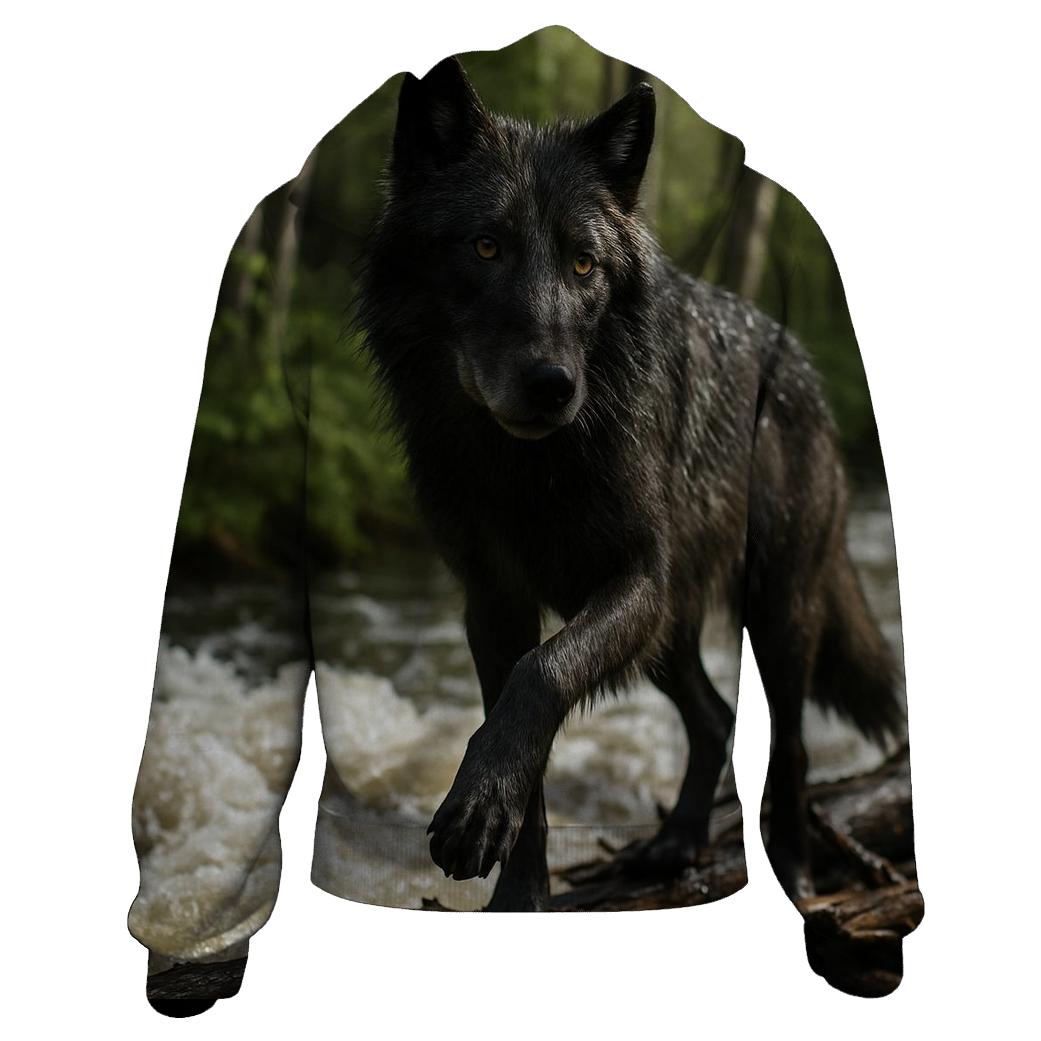 Riparian Wolf Listening Over Spring Floodwater zip-up hoodies