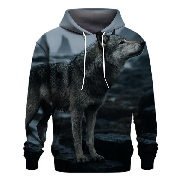 Basalt Coast Wolf Under Sea Mist graphic hoodies
