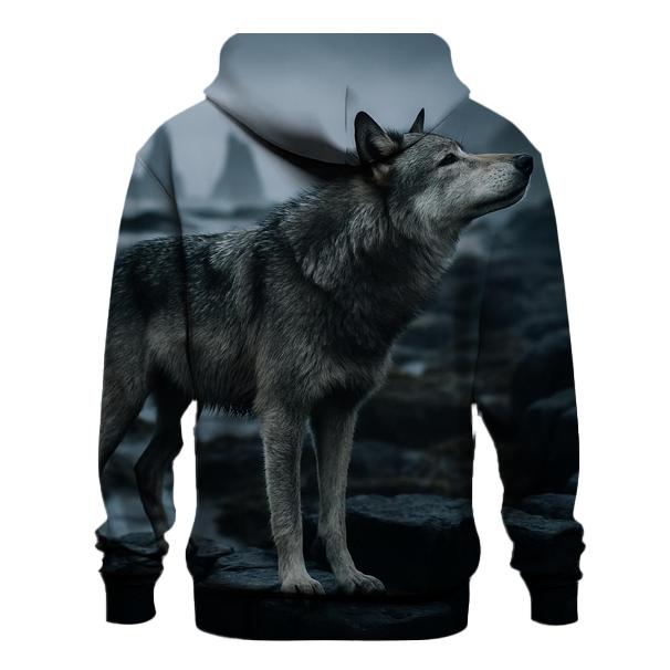 Basalt Coast Wolf Under Sea Mist graphic hoodies