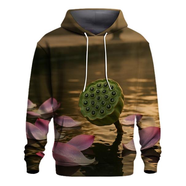 Lotus Seed Pod And Petals In Temple Pond Stillness graphic hoodies