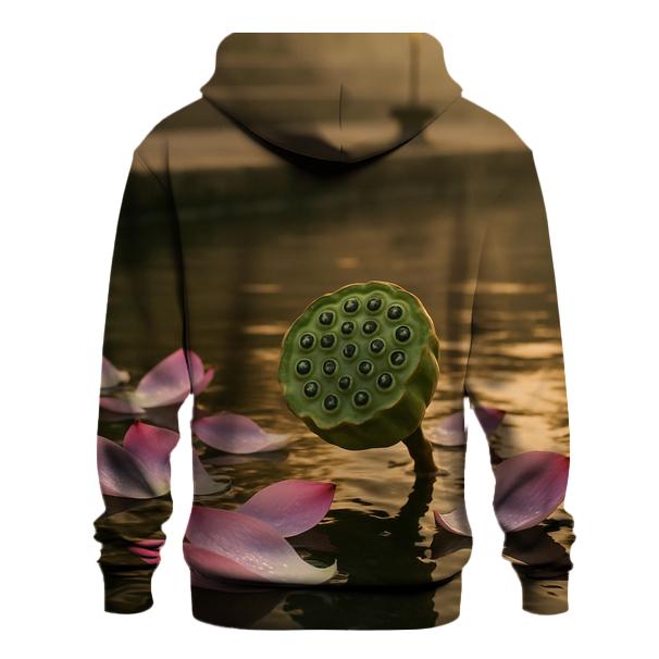 Lotus Seed Pod And Petals In Temple Pond Stillness graphic hoodies