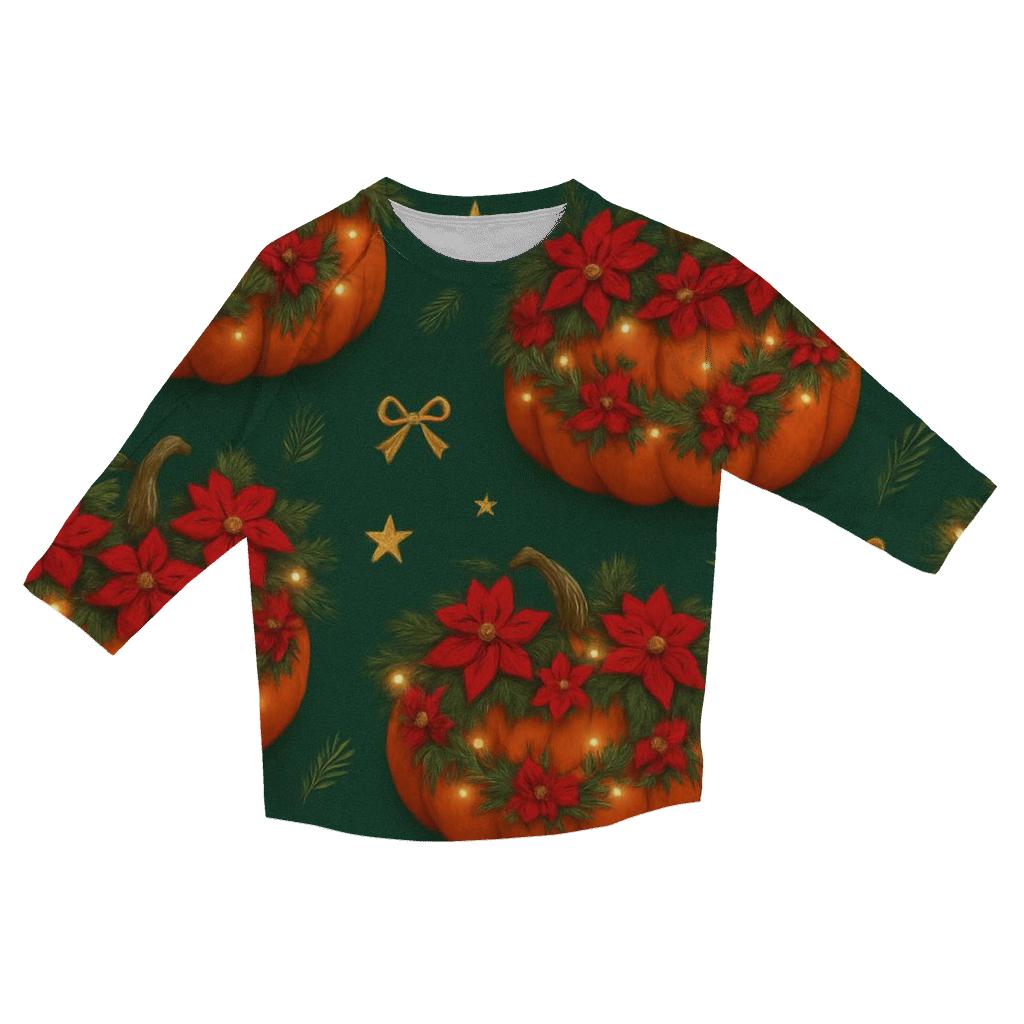 Poinsettia Garland Pumpkin Scatter On Deep Green Background cotton quarter sleeve shirts
