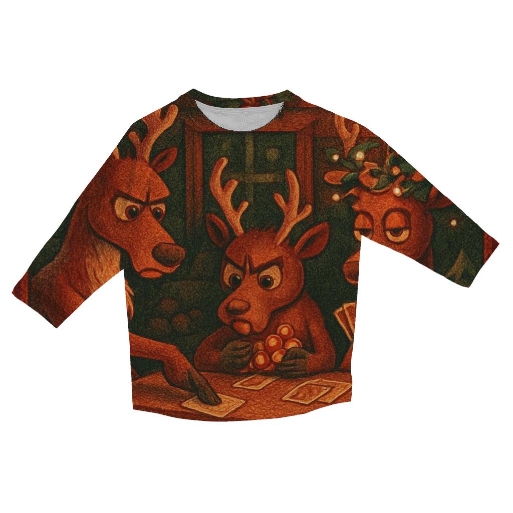 Reindeer Card Game In A Snowy Cabin trendy 3/4 sleeve tops