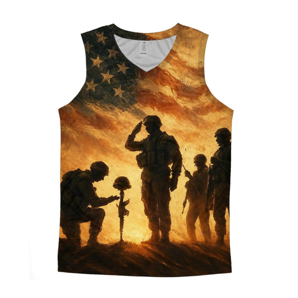 Desert Oath Beneath A Torn Banner Sky sports performance tank tops