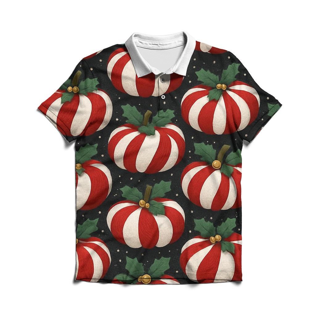 Candy Cane Knit Pumpkin Tessellation On Charcoal Background custom polo shirts
