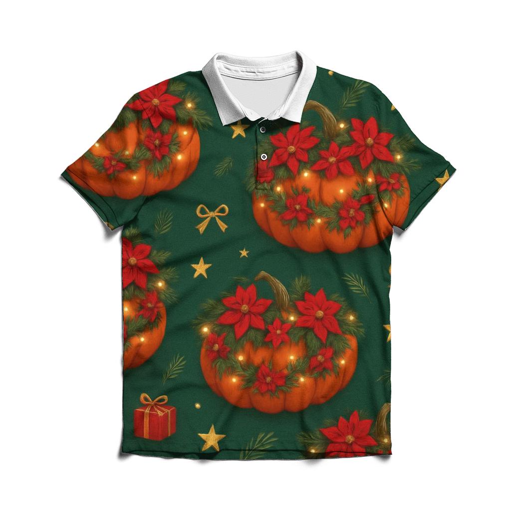 Poinsettia Garland Pumpkin Scatter On Deep Green Background personalized polo shirts