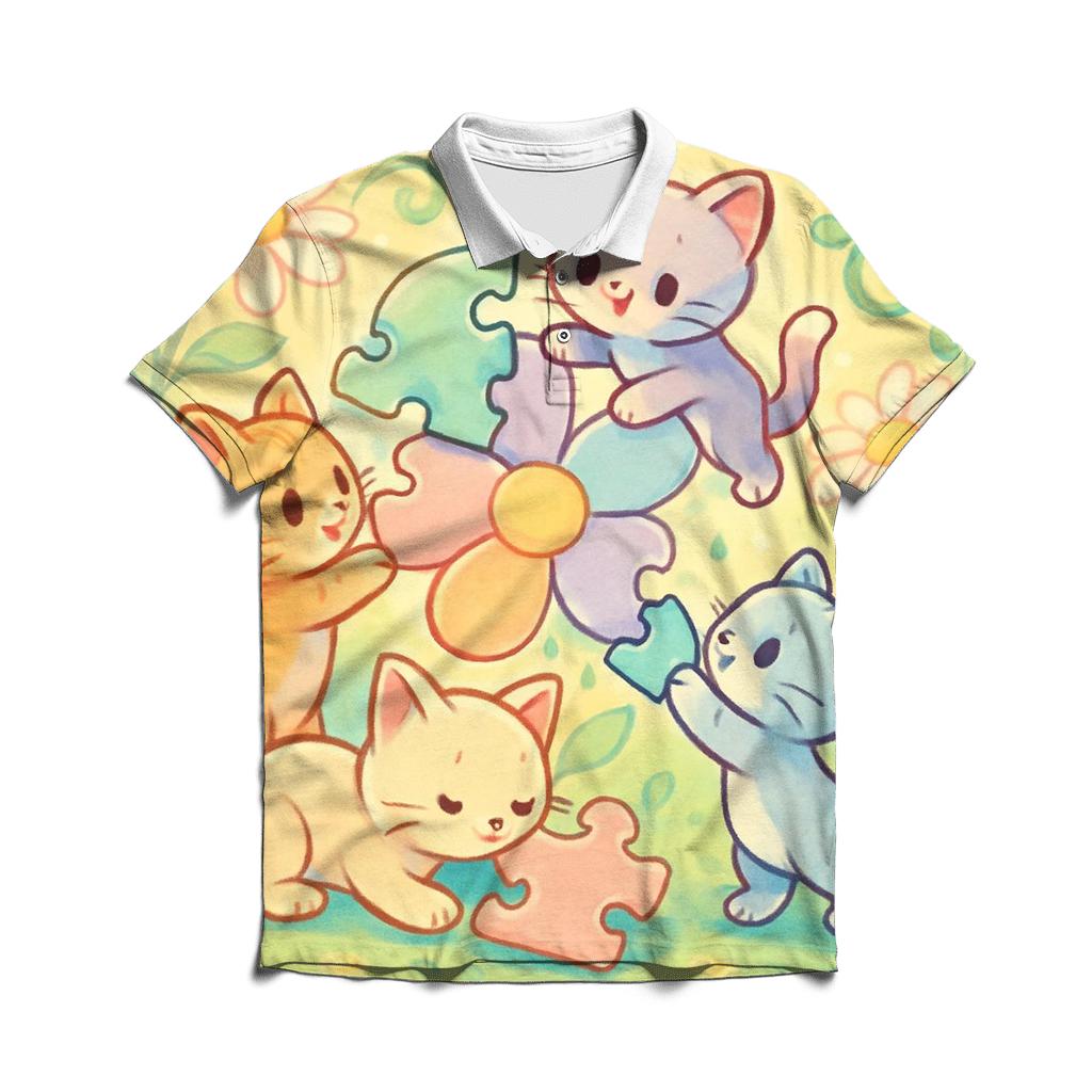 Sunlit Garden Puzzle Kittens branded logo polo shirts