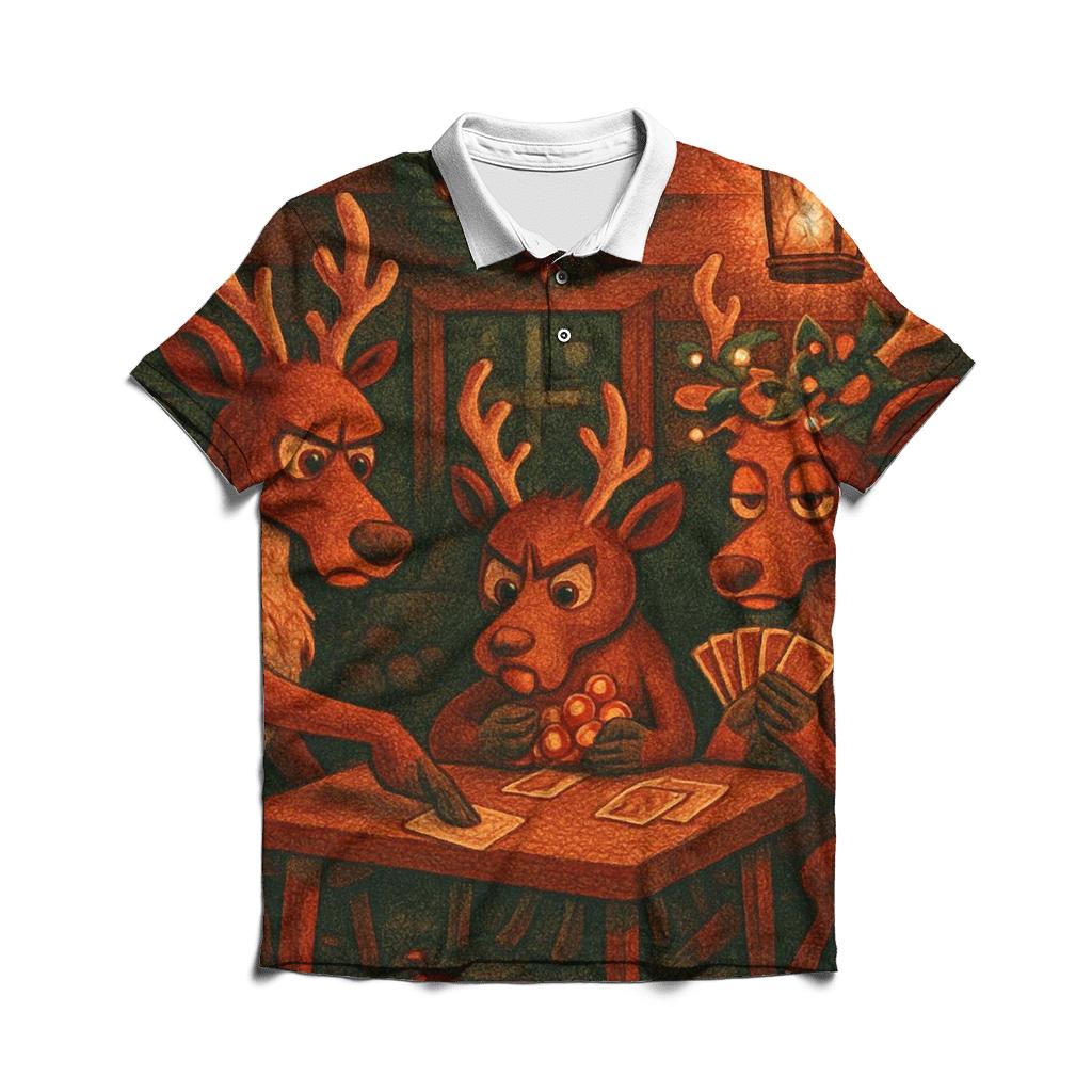 Reindeer Card Game In A Snowy Cabin personalized polo shirts