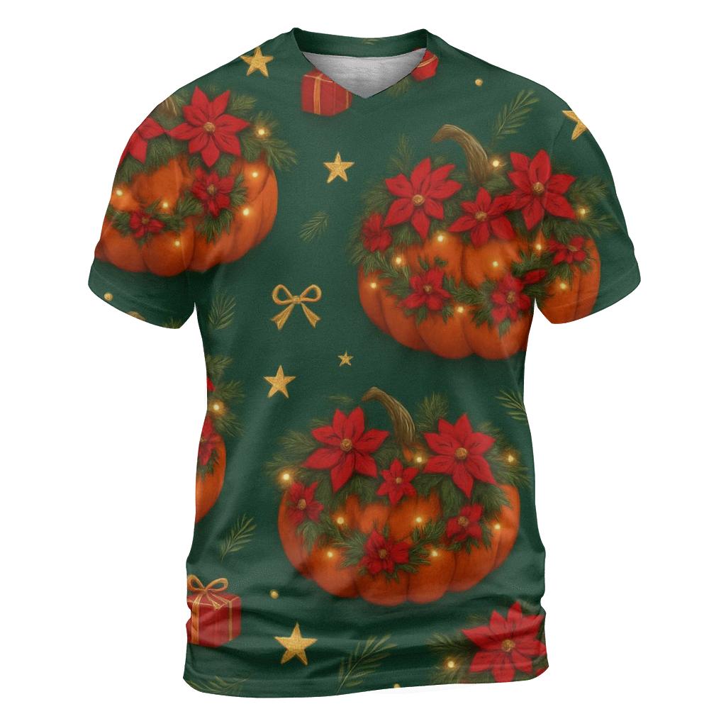 Poinsettia Garland Pumpkin Scatter On Deep Green Background statement graphic shirts