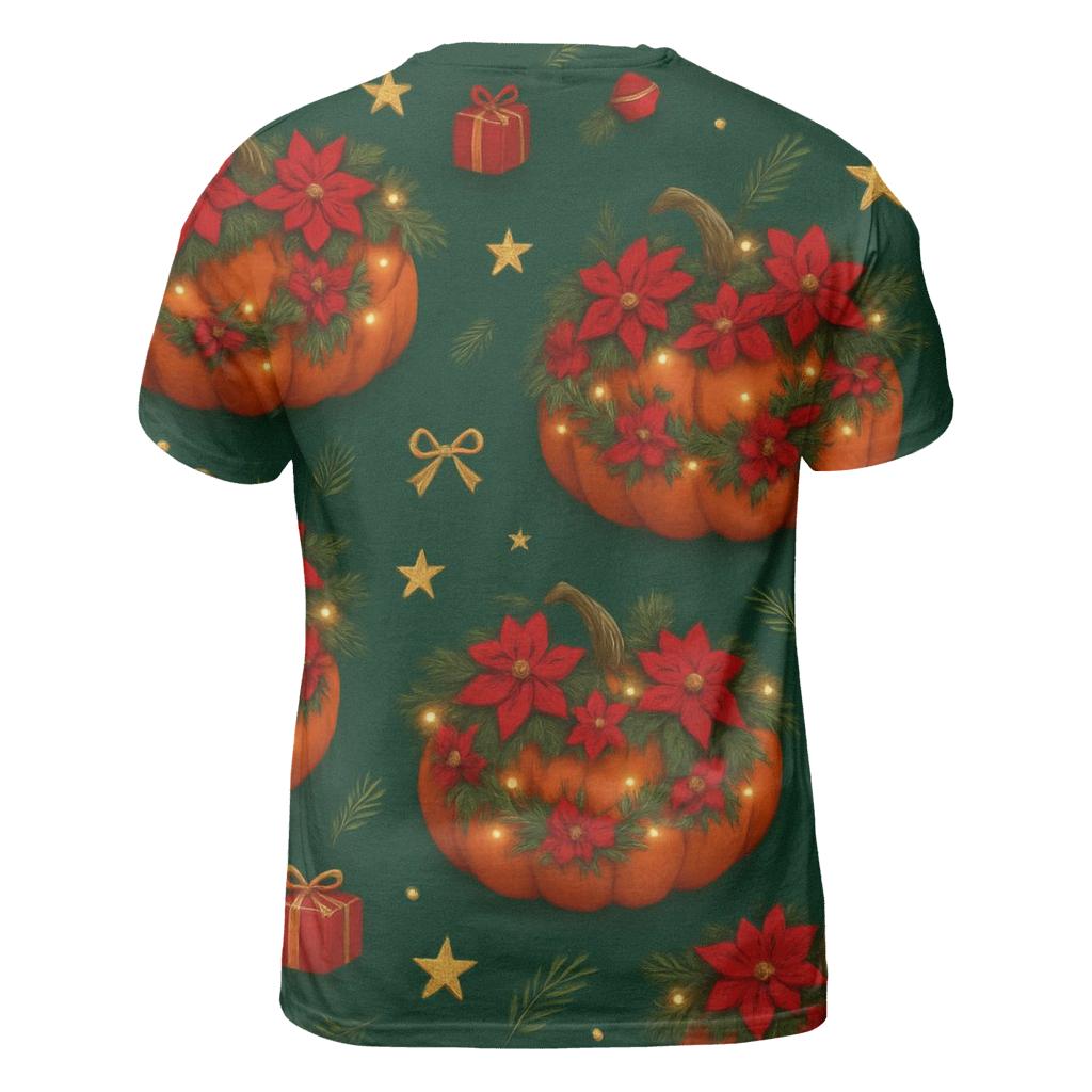 Poinsettia Garland Pumpkin Scatter On Deep Green Background statement graphic shirts