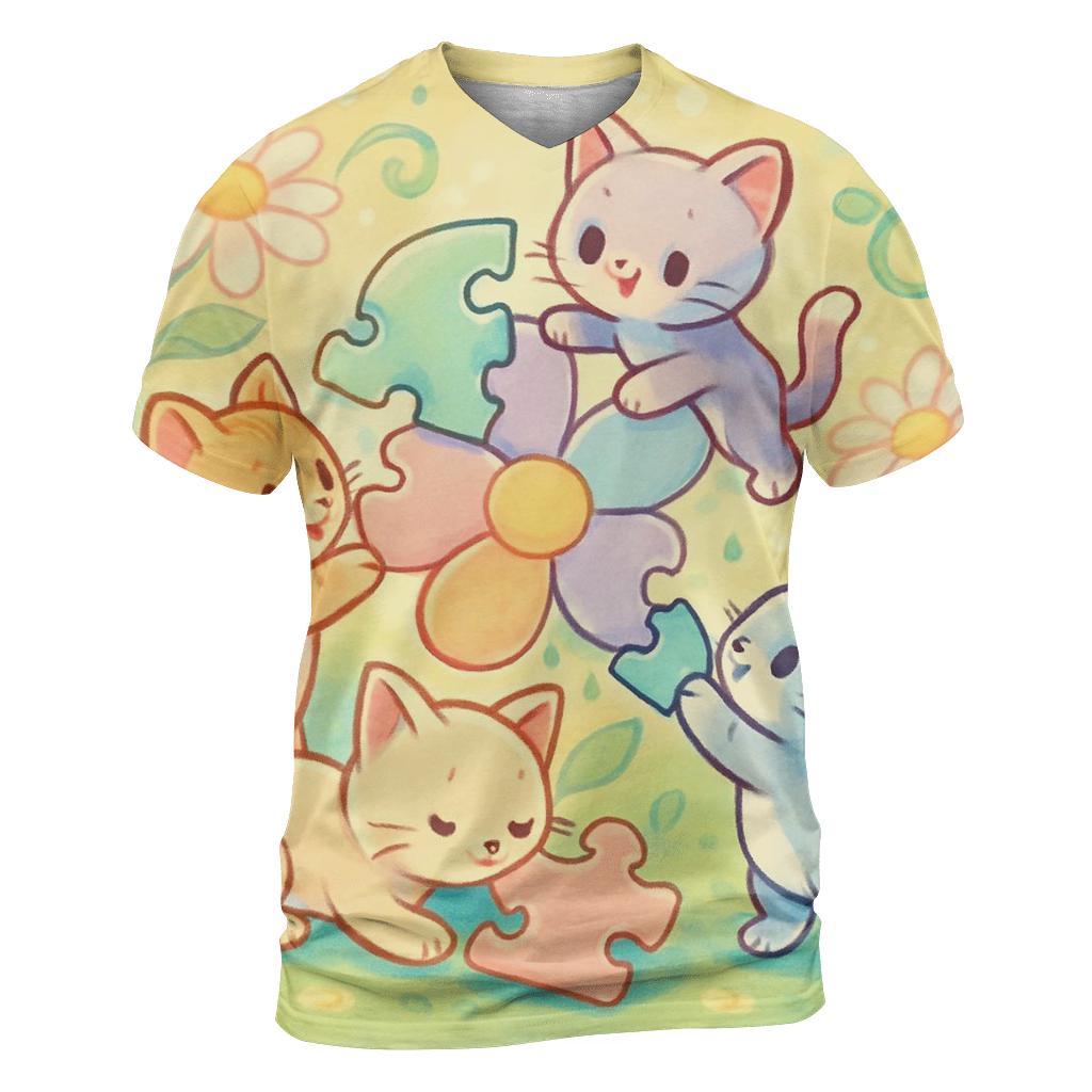 Sunlit Garden Puzzle Kittens artistic all-over print tops