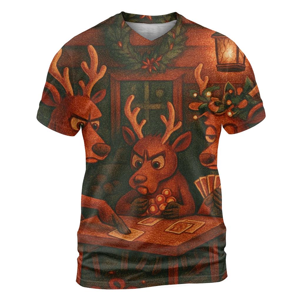 Reindeer Card Game In A Snowy Cabin trendy printed shirt styles