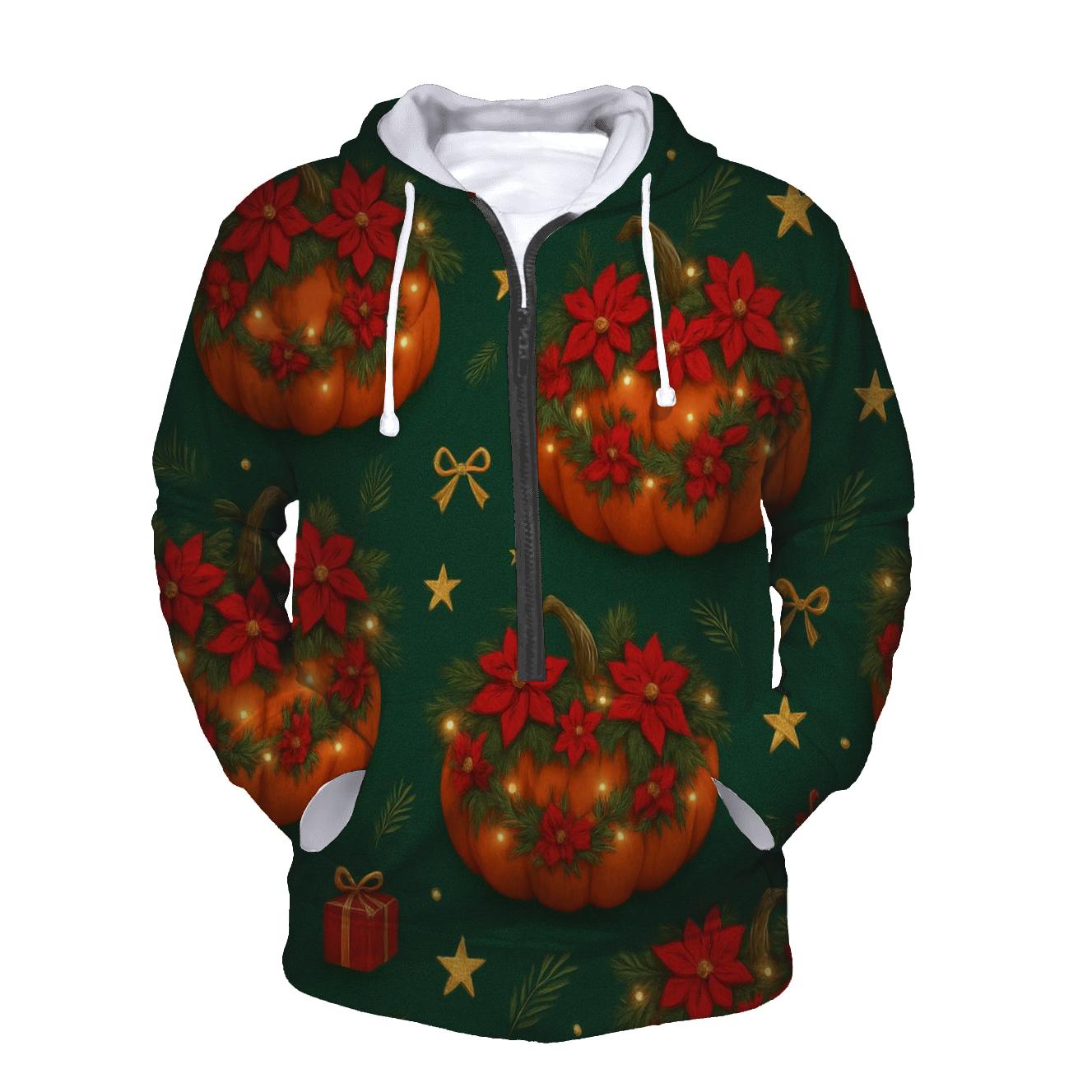 Poinsettia Garland Pumpkin Scatter On Deep Green Background hoodie trends