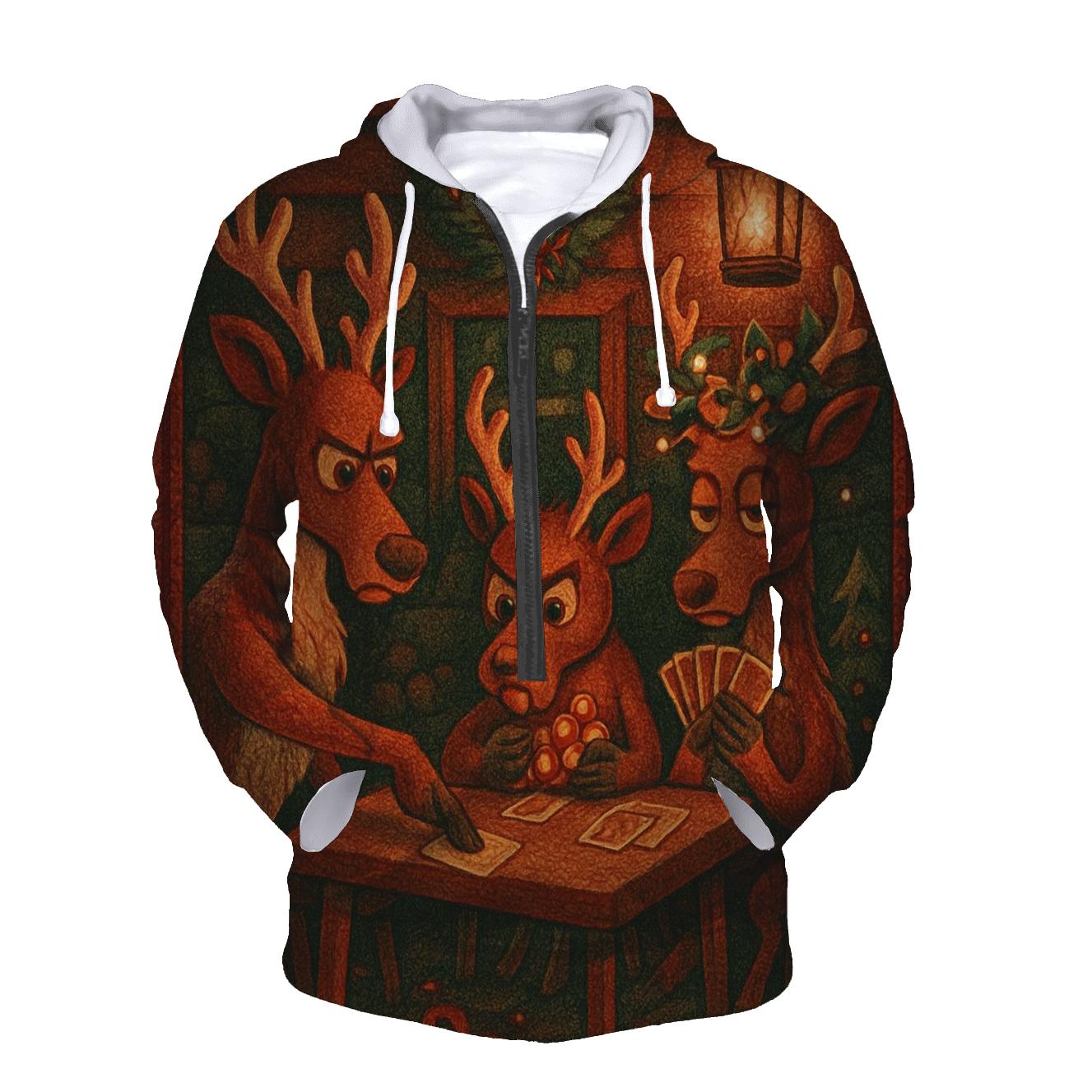 Reindeer Card Game In A Snowy Cabin zip-up hoodies