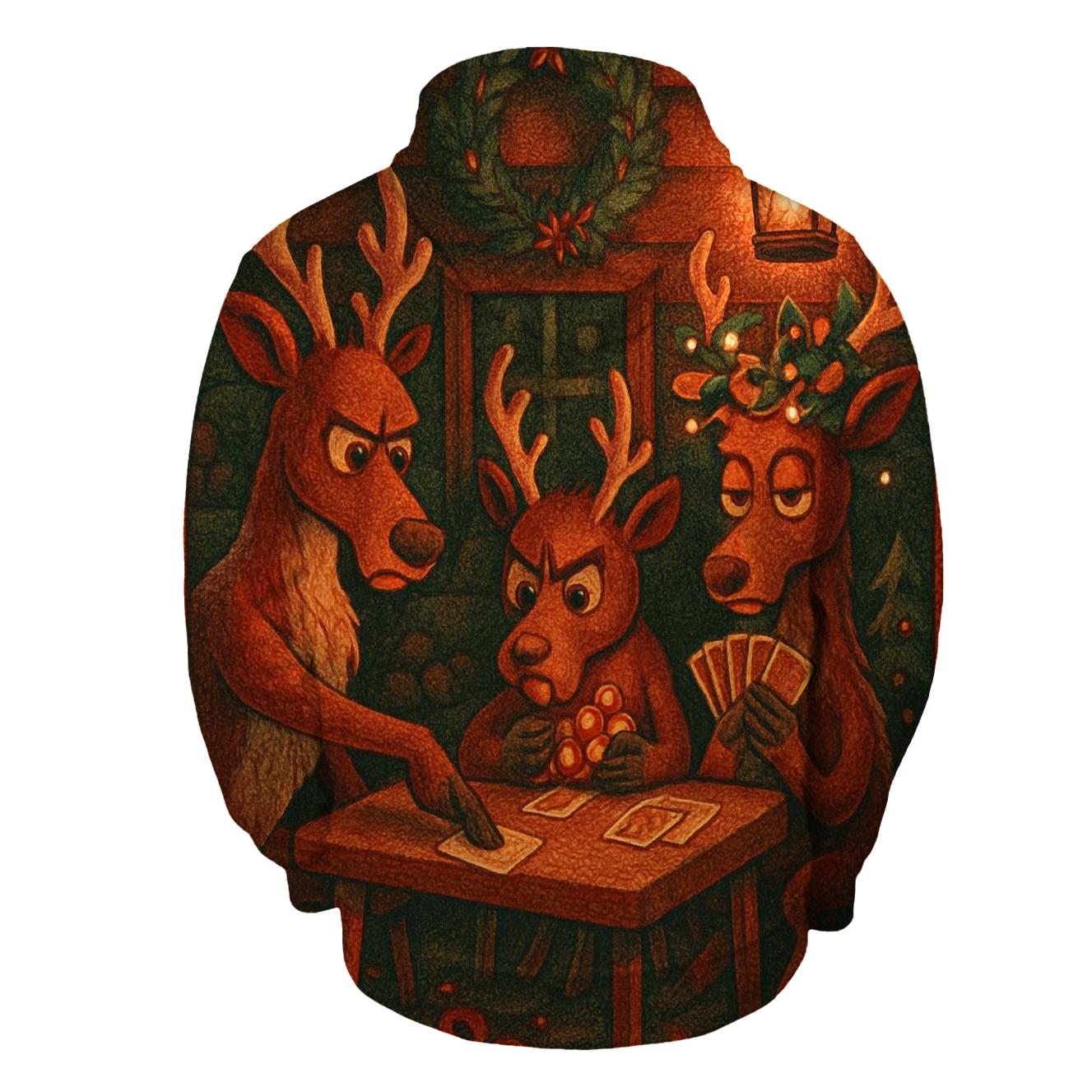 Reindeer Card Game In A Snowy Cabin zip-up hoodies