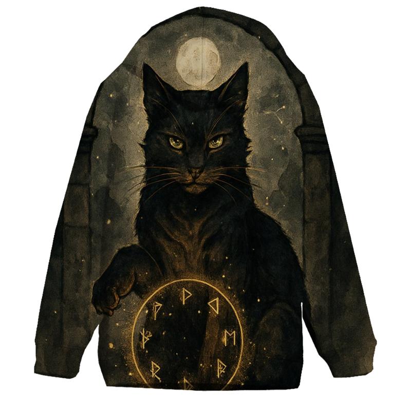Midnight Rune Guardian Cat embroidered hoodies