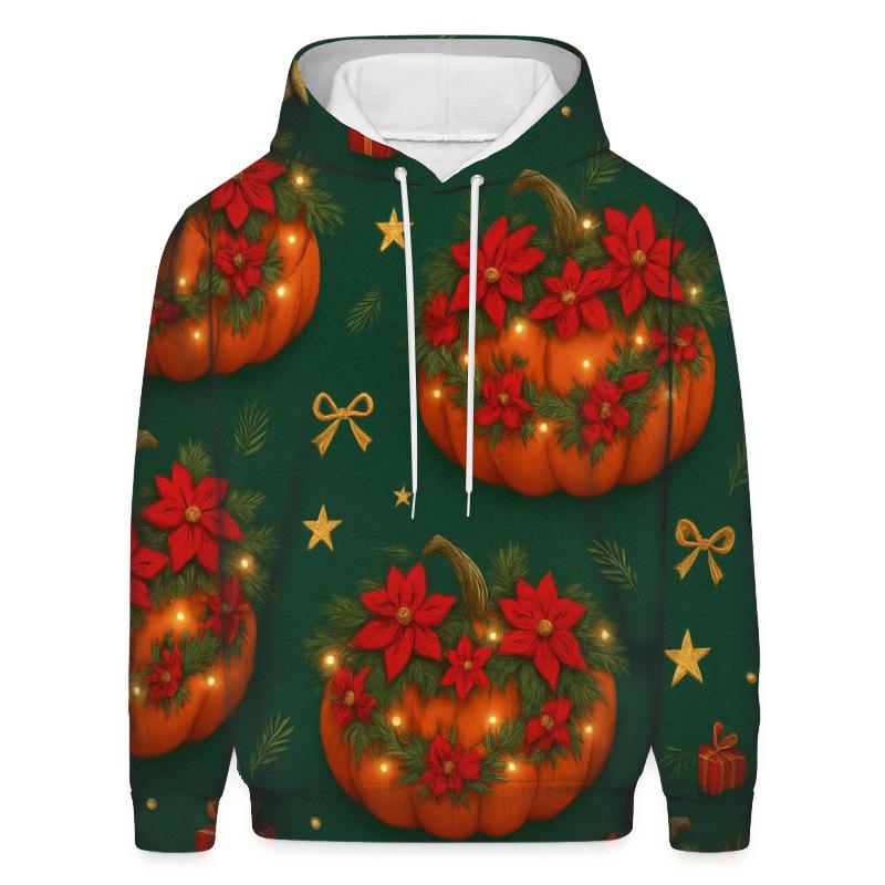Poinsettia Garland Pumpkin Scatter On Deep Green Background printed hoodies