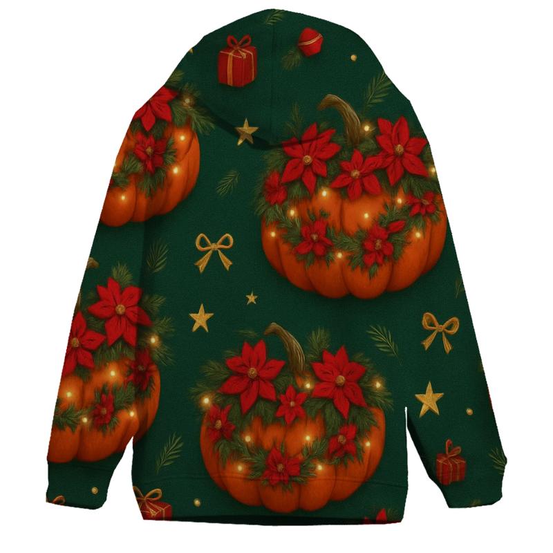 Poinsettia Garland Pumpkin Scatter On Deep Green Background printed hoodies