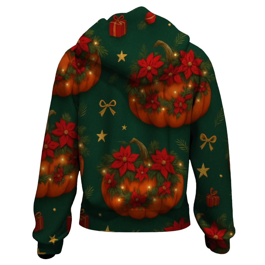 Poinsettia Garland Pumpkin Scatter On Deep Green Background hoodie designs