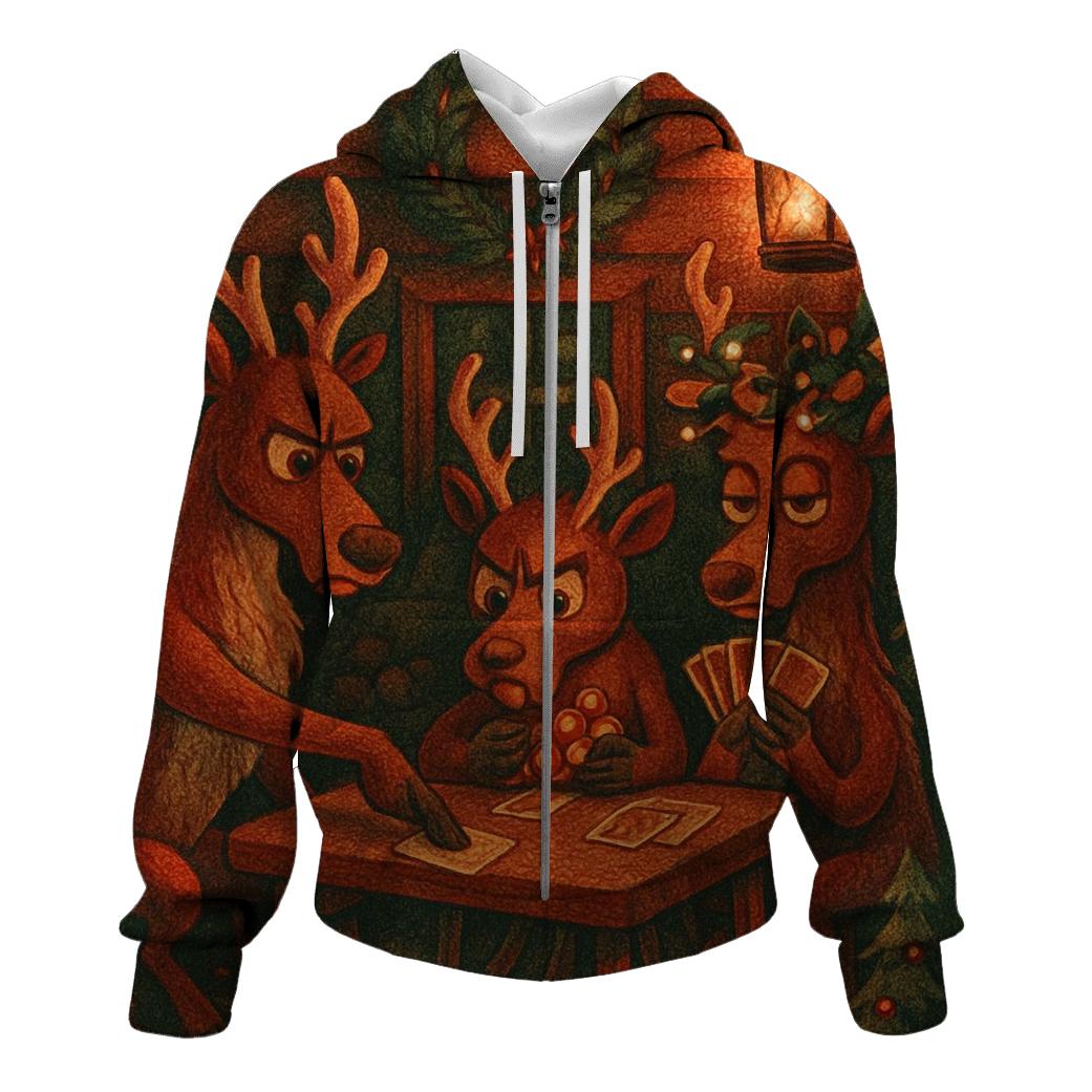 Reindeer Card Game In A Snowy Cabin designer hoodies
