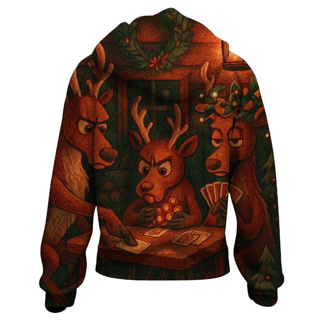Reindeer Card Game In A Snowy Cabin designer hoodies