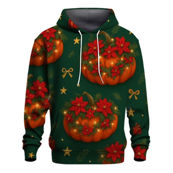 Poinsettia Garland Pumpkin Scatter On Deep Green Background designer hoodies