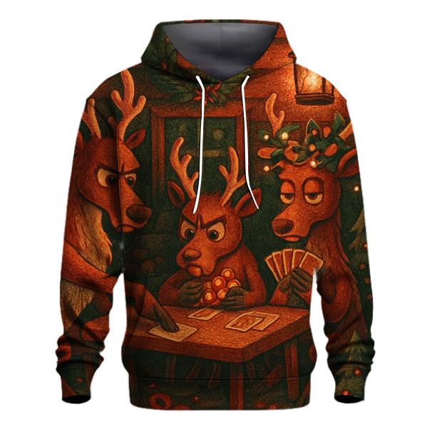Reindeer Card Game In A Snowy Cabin printed hoodies