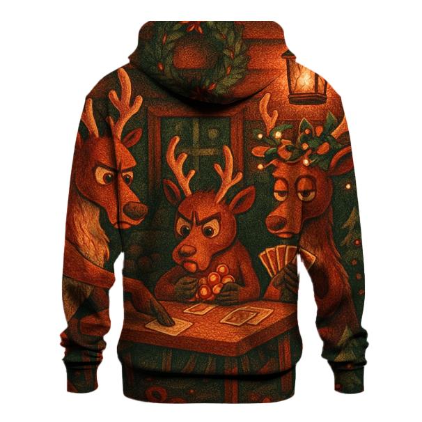 Reindeer Card Game In A Snowy Cabin printed hoodies