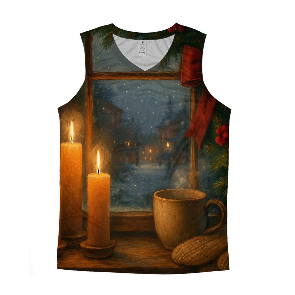 Candlelit Evergreen Window At First Snow personalized athletic tanks